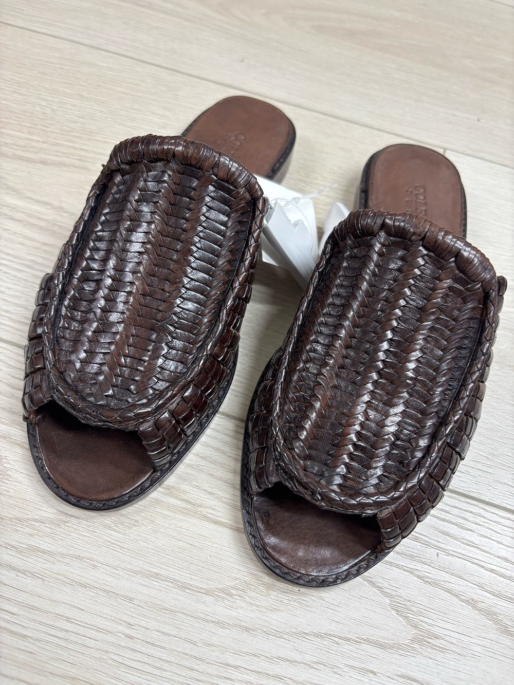 Cole Haan Resort Dark Brown Woven Leather Slide Sandals